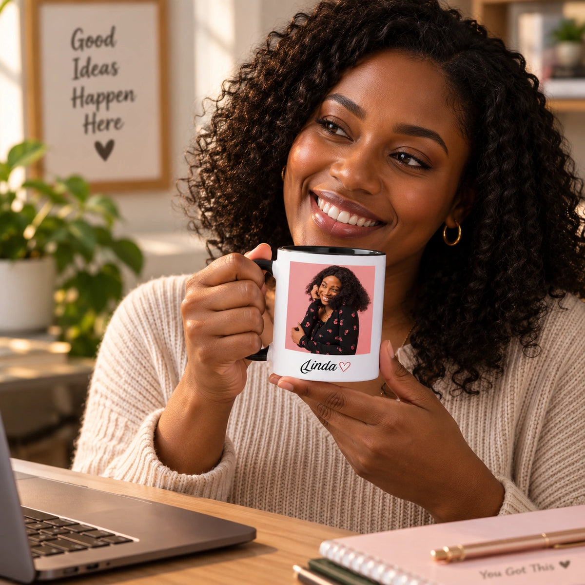 Custom portrait photo printed on a glossy ceramic mug.
