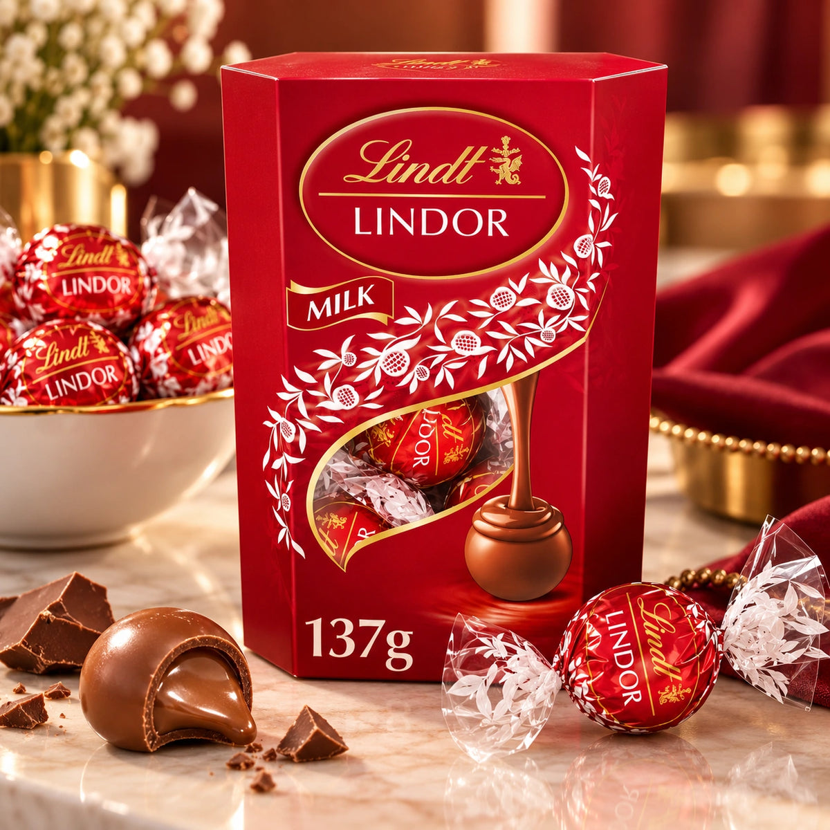 A red Lindt Lindor milk chocolate box stands on a marble surface with wrapped and unwrapped chocolates around it. A bowl of Lindt wrapped chocolates sits in the background, along with decorative red fabric and soft warm lighting.