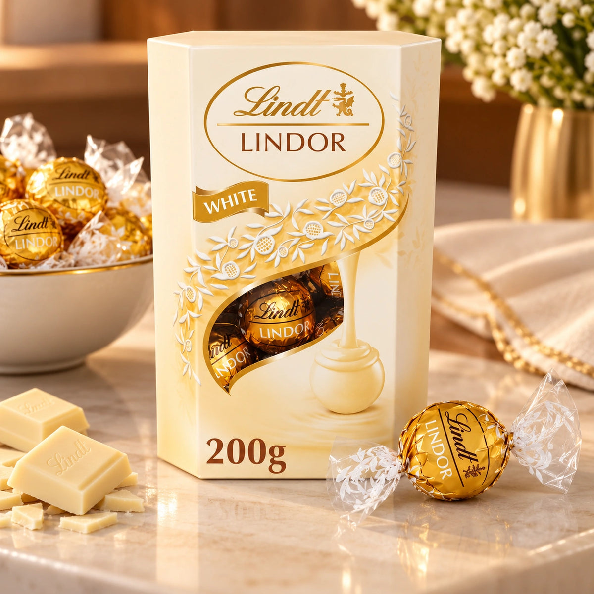 A 200g box of Lindt Lindor White chocolate, shown on a marble surface with white chocolate pieces and wrapped chocolates in the background.