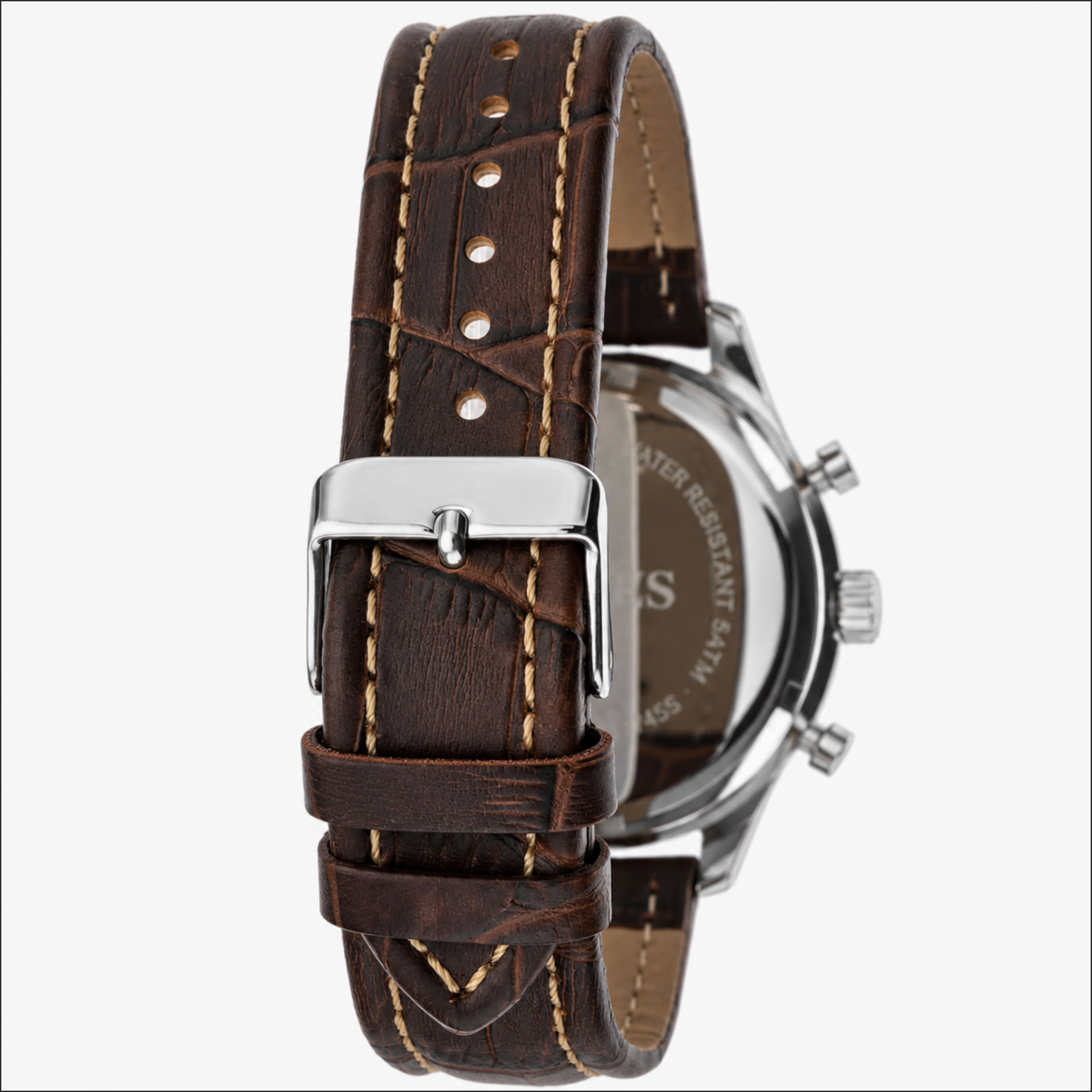 Brown leather watch with silver buckle on a white background