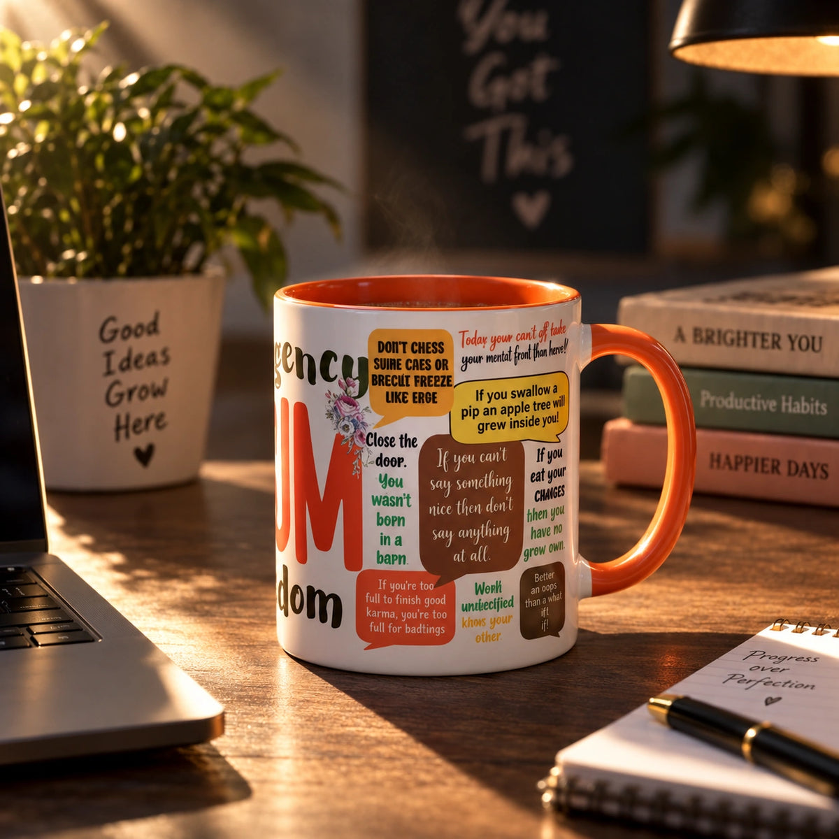 Emergency Mum Wisdom coffee mug with colourful accents.