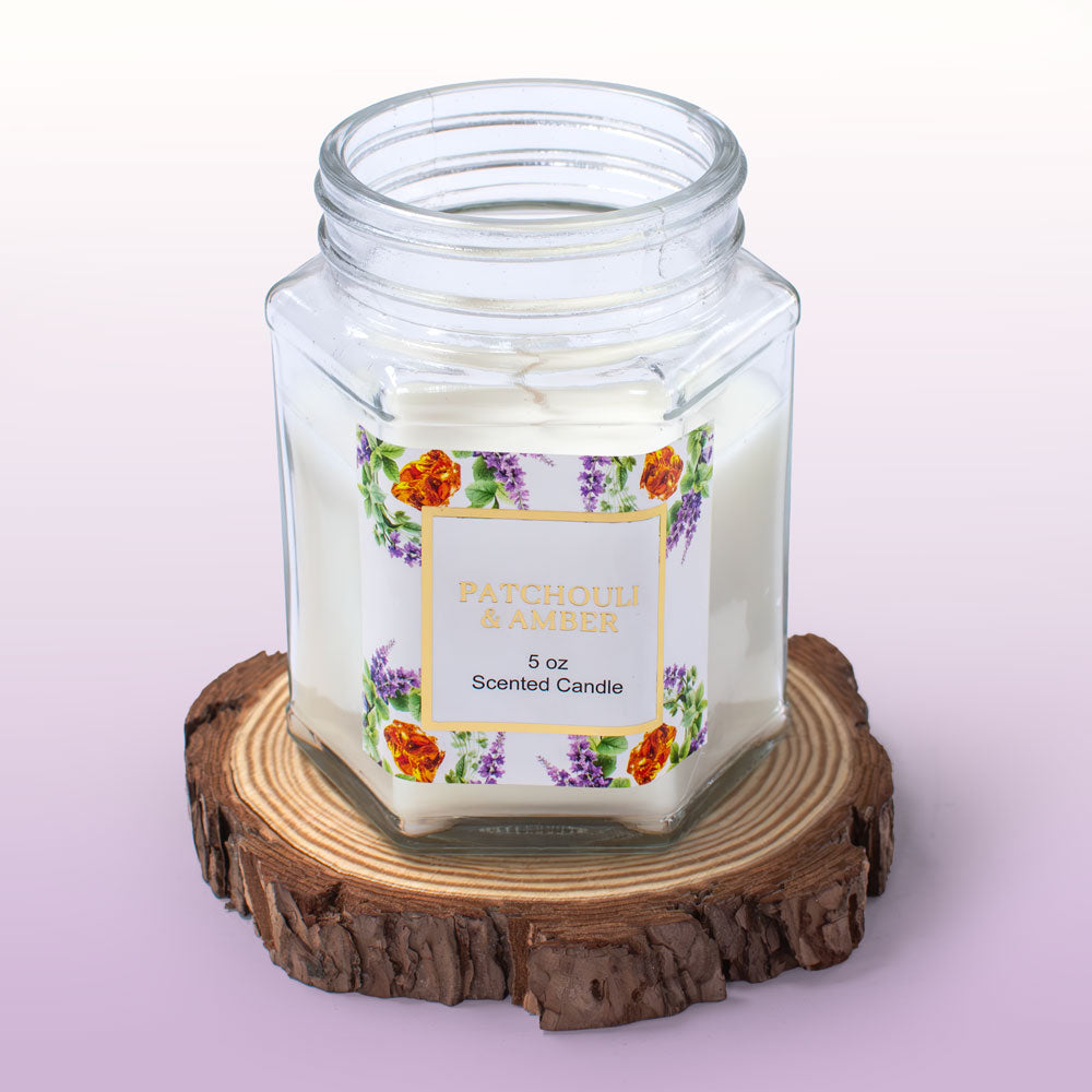Patchouli & Amber Hexagonal Glass Jar Candle 5 oz