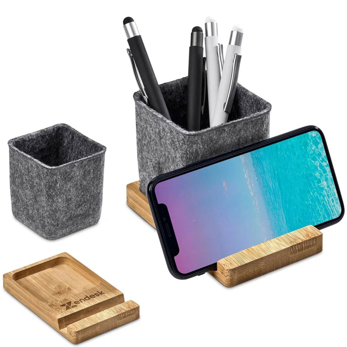 Personalised Okiyo Kyadi RPET and Bamboo Desk Caddy Phone Stand