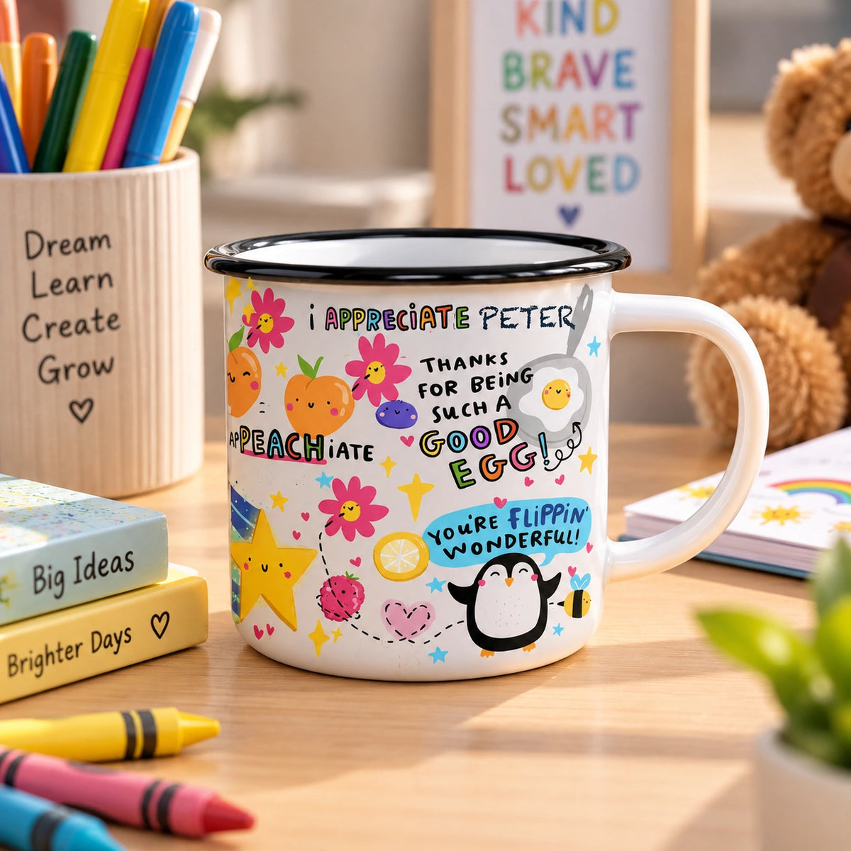 White personalised kids’ steel appreciation mug, 330 ml.