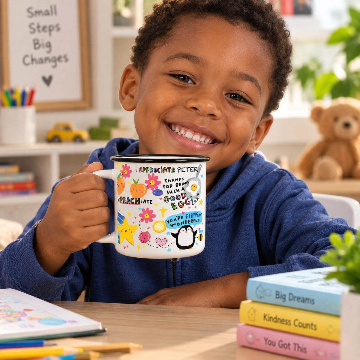 Personalised metallic mug for kids with a smiling, young boy uplifting affirmation.