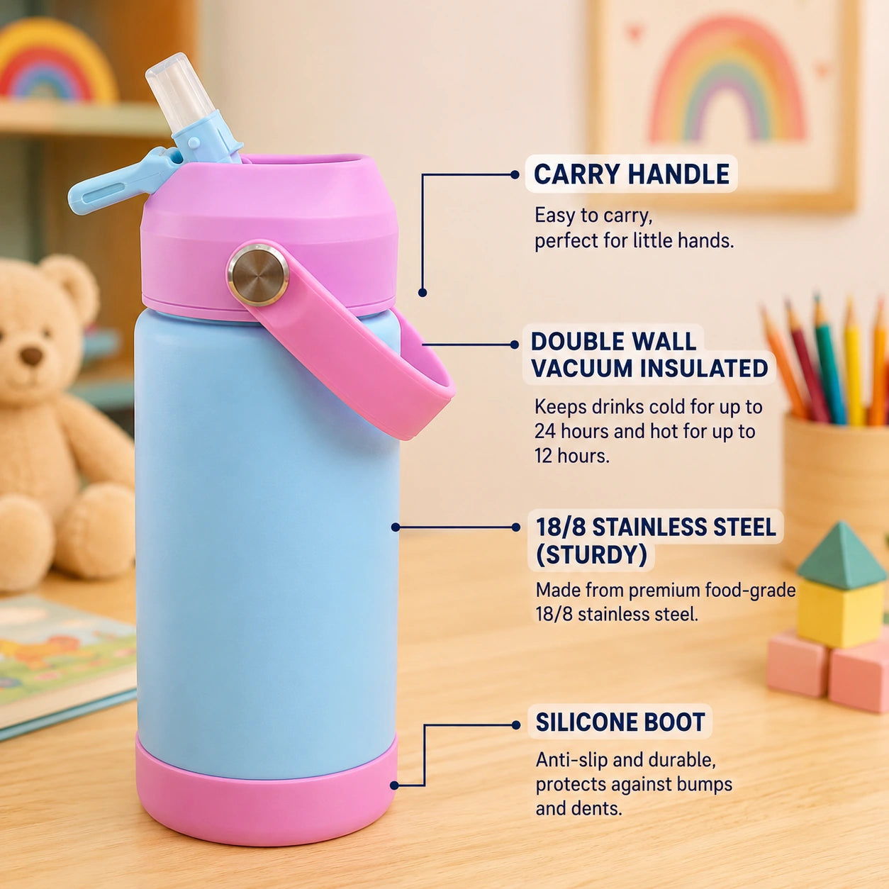 Kids Insulated Water Bottle with Straw-530ml