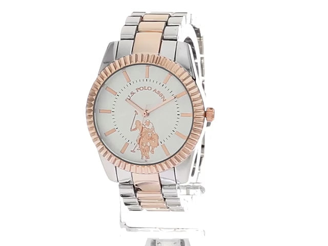 Load video: U.S. Polo Assn. Women's Silver &amp; Rose Gold-Tone Bracelet Watch