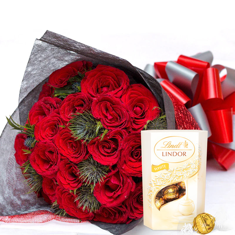 Seductive Red Roses Bouquet with Lindt Chocolate Truffles 200g