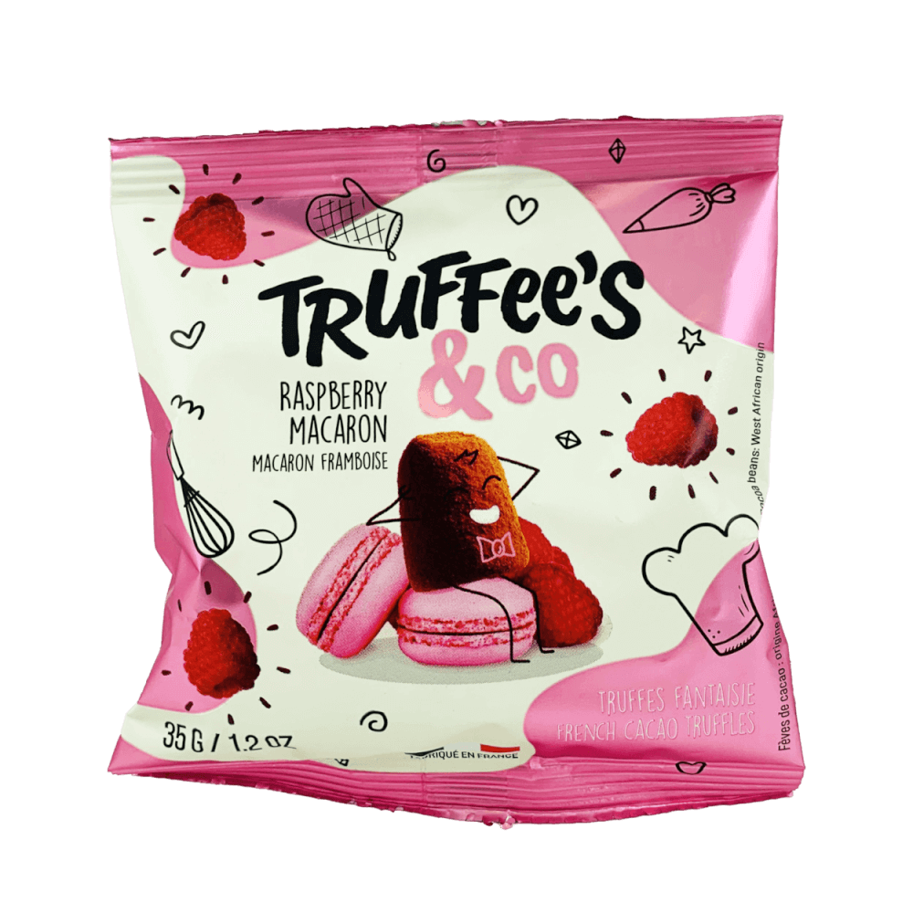 Truffees & Co raspberry cocoa truffles snack pack counter display 35g