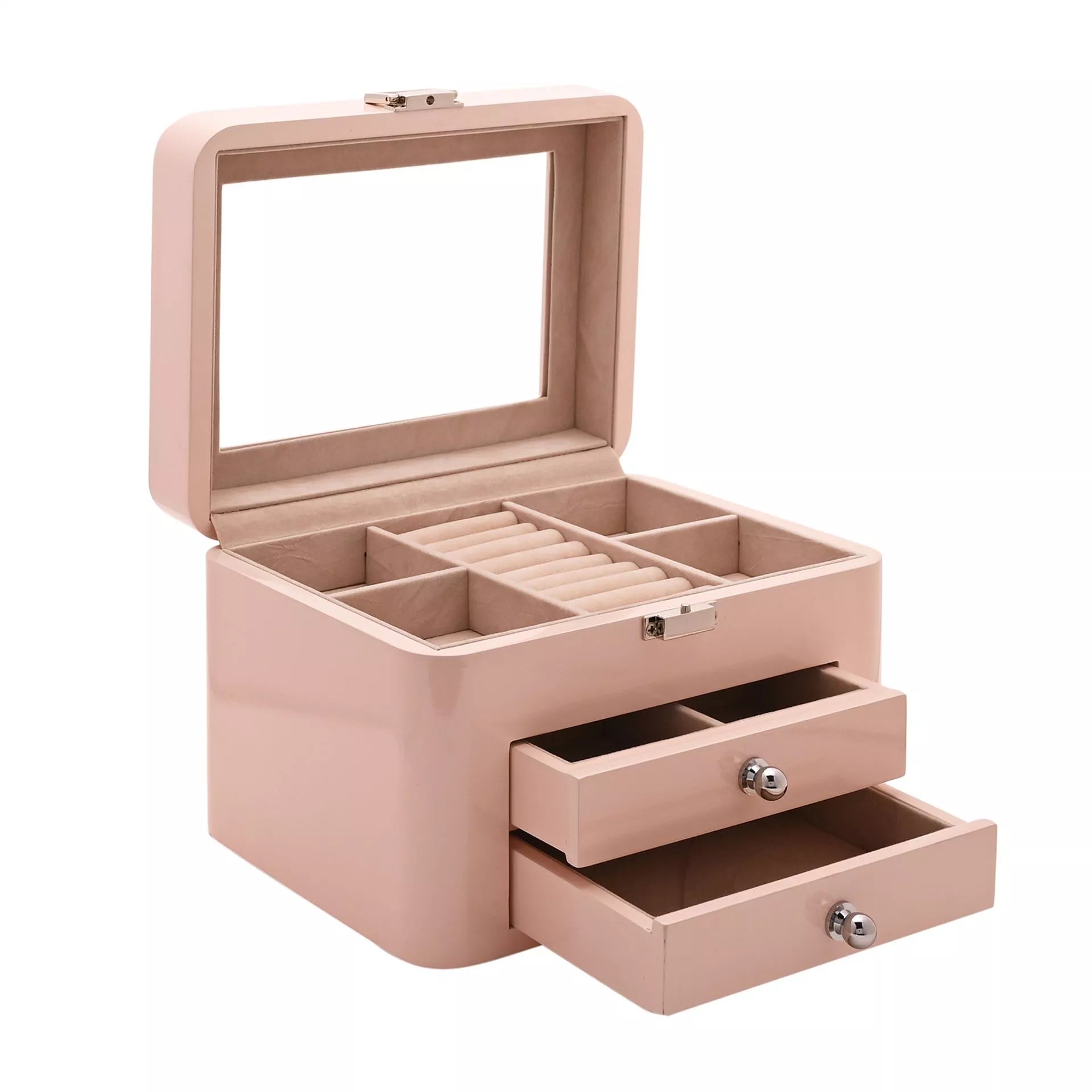 Pink Wooden Jewellery Box with Compartments and 2 Drawers