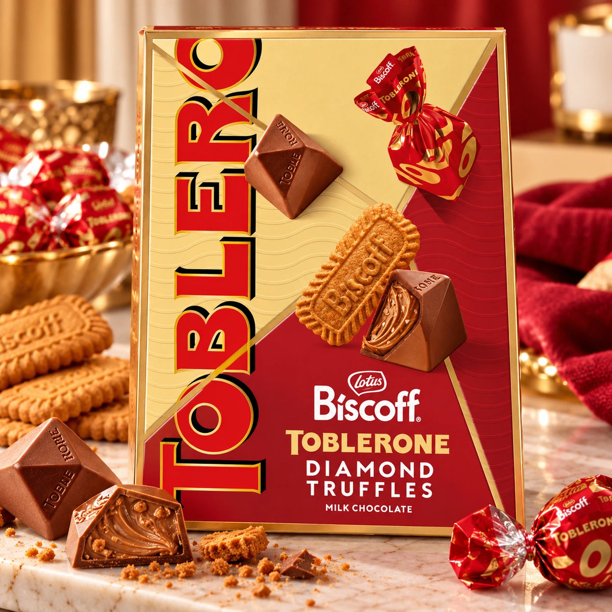 A box of Lotus Biscoff Toblerone Diamond Truffles milk chocolate stands on a marble surface with several wrapped and unwrapped chocolate truffles and biscotti cookies around it. The box is cream and red with large vertical Toblerone lettering, and the scene is styled with festive warm background elements.