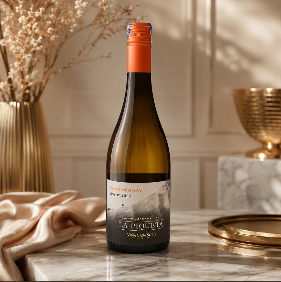 Wine bottle labeled 'La Piqueta' on a marble surface with decorative elements.