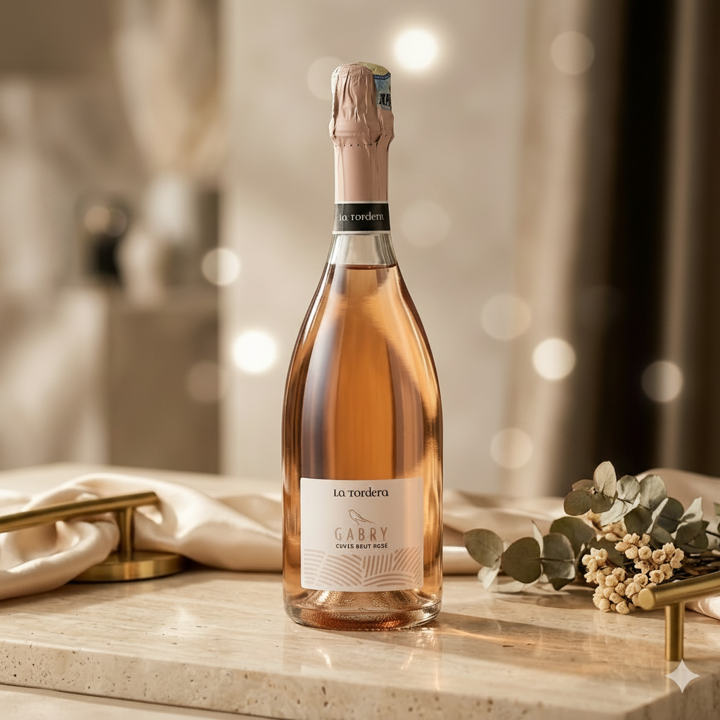 Bottle of La Tondea Garry sparkling wine on a marble surface with decorative elements.