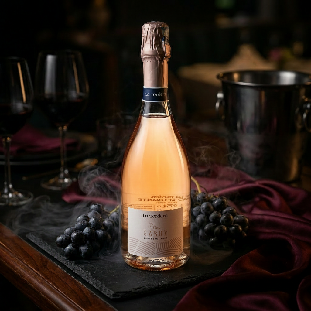 Bottle of GABRY rosé wine with grapes on a dark surface