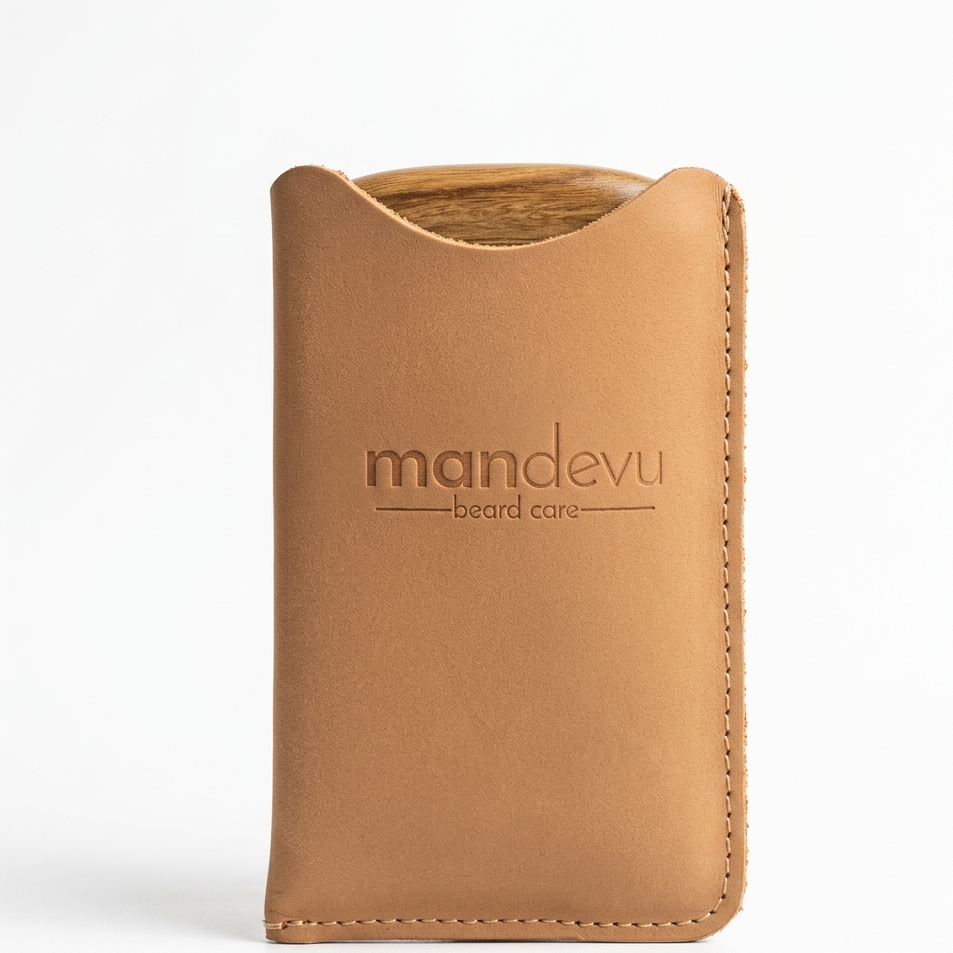Mandevu Wooden Beard Comb – Grooming Comb with Leather Pouch (Tan & Cognac)