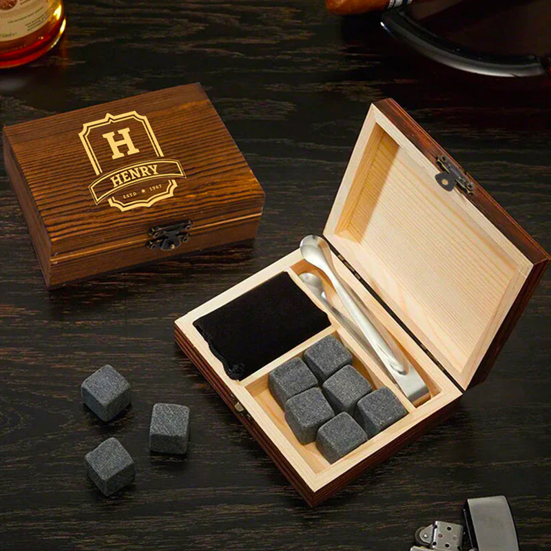Personalised Set of 9 Whisky Stones in Wooden Box