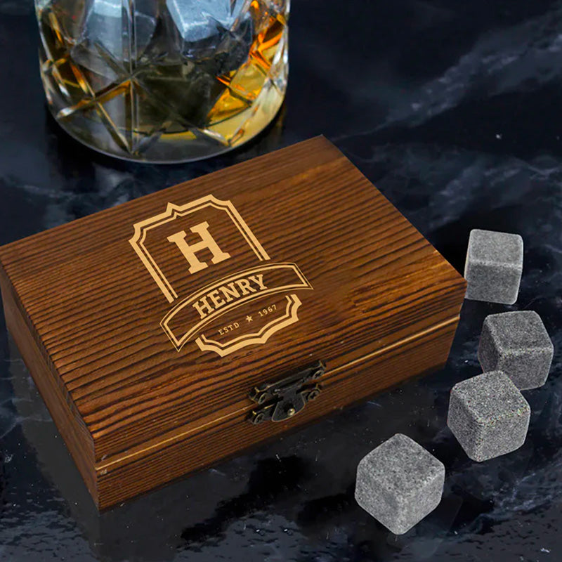 Personalised Set of 9 Whisky Stones in Wooden Box