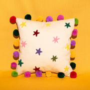 Raspberry Blossom Tufted Stars Cushion With Pompoms