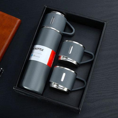The Charleston Vacuum Flask & Cups Gift Set - Grey