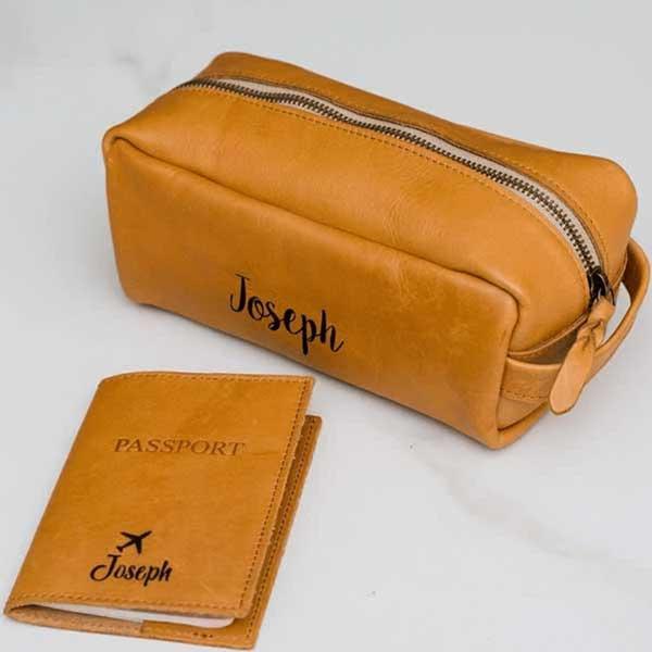 Genuine Leather Passport Holder And Washbag Set - Tan