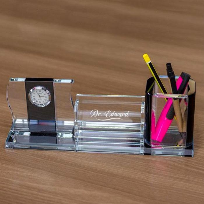 Personalised Crystal Desk Organiser with a Clock Purpink Gifts Ltd