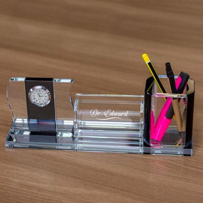 Personalised Crystal Desk Organiser with a Clock