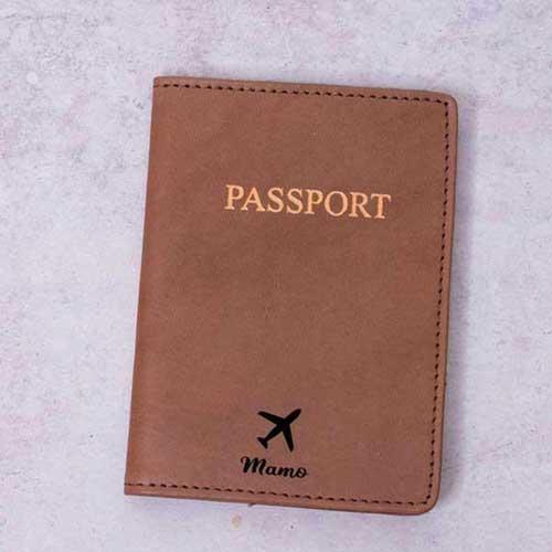 Personalised Patterned Genuine Leather Passport Holder - Cognac