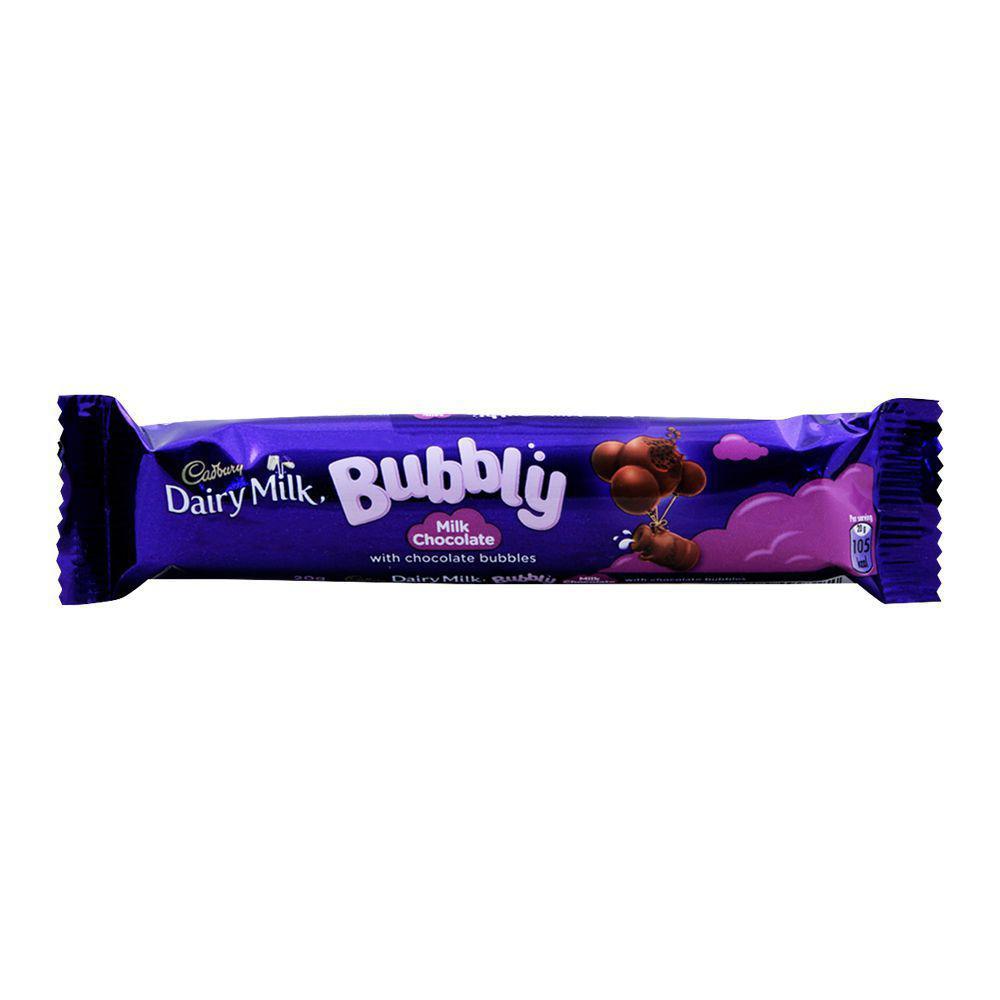 A pack of Cadbury Dairy Milk Bubly chocolate with a purple wrapper featuring the brand's logo and a cartoon cow.