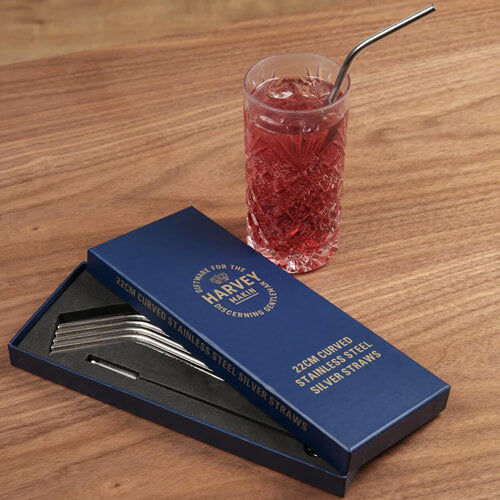 Set of 6 Angled Steel Drinking Straws & Cleaning Brush-20 cm