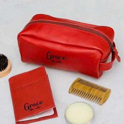 Genuine Leather Passport Holder And Washbag Set - Red