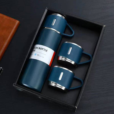 The Charleston Vacuum Flask & Cups Gift Set - Navy Blue