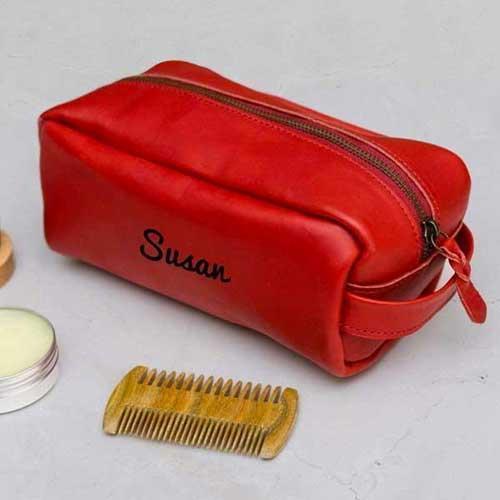 Red Genuine Leather Washbag