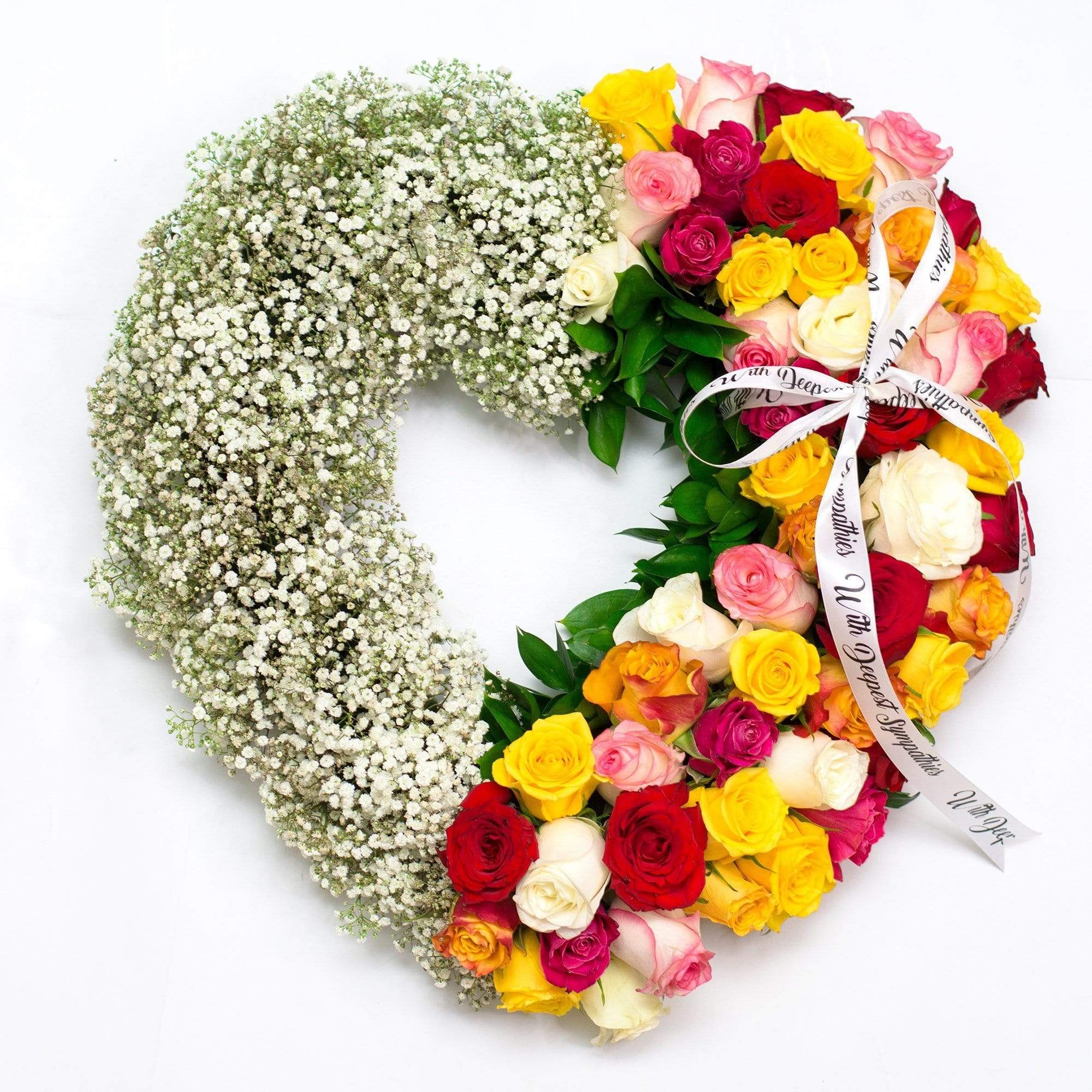 Mixed Rose and Baby Breath Funeral Heart