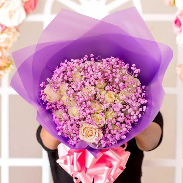 White Roses and Pink Baby's Breath Bouquet