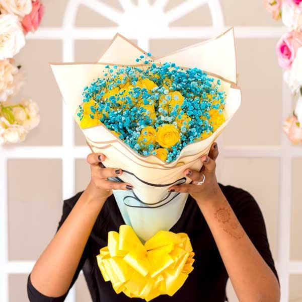 Yellow Roses and Blue Baby's Breath Bouquet